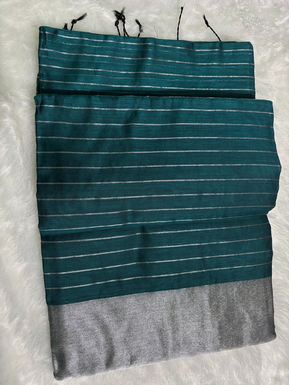 Teal Green Silver Zari Linen Silk Saree